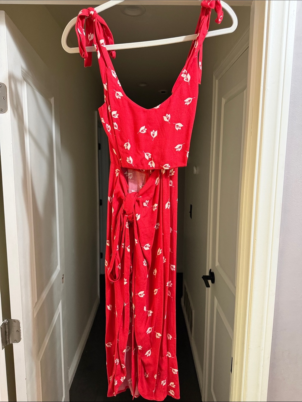 Reformation Red Floral Tie-Back Maxi Dress with White Print